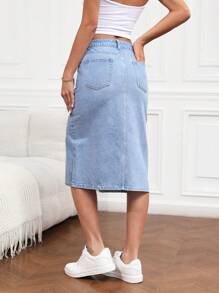 SHEIN Tall Jupe évasée en jean casual pour femmes avec poches et fente sur le côté