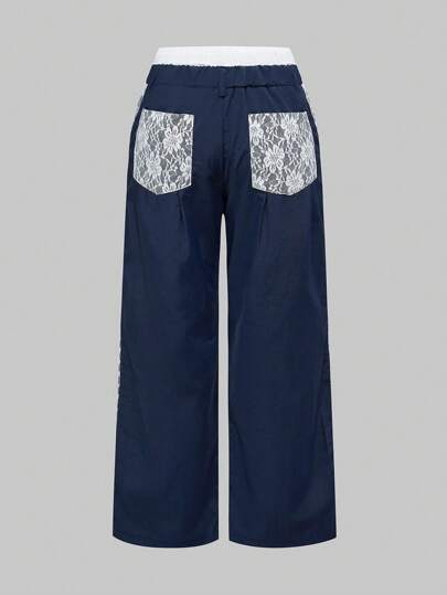 Grunge Punk Pantalon droit casual pour femmes avec taille à cordon de serrage, patchwork en dentelle et blocs de couleurs