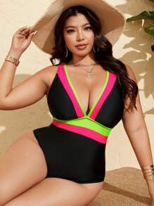 Swim Lushoire 大码女式深 V 领拼色镂空后背连体泳衣，夏季海滩度假 - 彩色 - 查看 5