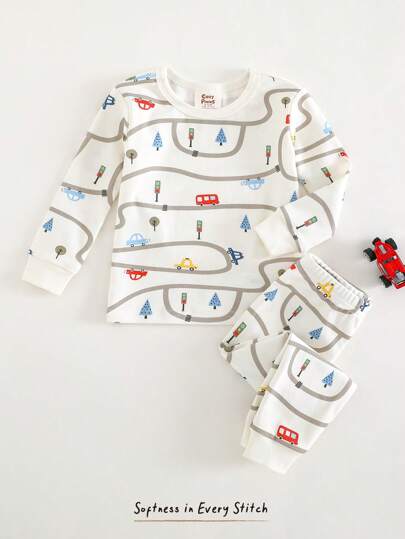 Cozy Pixies Baby Boy Snug Fit Pajamas 2 Pieces Set - Cartoon Car Print Soft Knitted Crew Neck Long Sleeve Top And Elastic Waist Long Pants