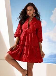 Aveloria Modichic 纯色孔眼刺绣 A 字裙度假装女士 - 紅色 - 查看 5