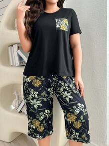 SHEIN Plus Size Crew Neck Pocket T-Shirt & 3/4 Pants Plant Print Pajama Set, Outfits - Multicolor - View 6