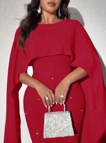 SHEIN Unity 大码女式水钻装饰斗篷设计修身优雅连衣裙