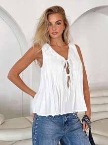 Roylia Sleeveless Pleated Tie Neck Casual Shirt For Women, Vacation Vibe - White - View 4