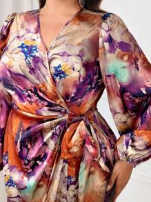 Modelyn 大码 V 领长袖全身印花腰带修身优雅迷人连衣裙长款晚礼服 - 橘色 - 查看 1