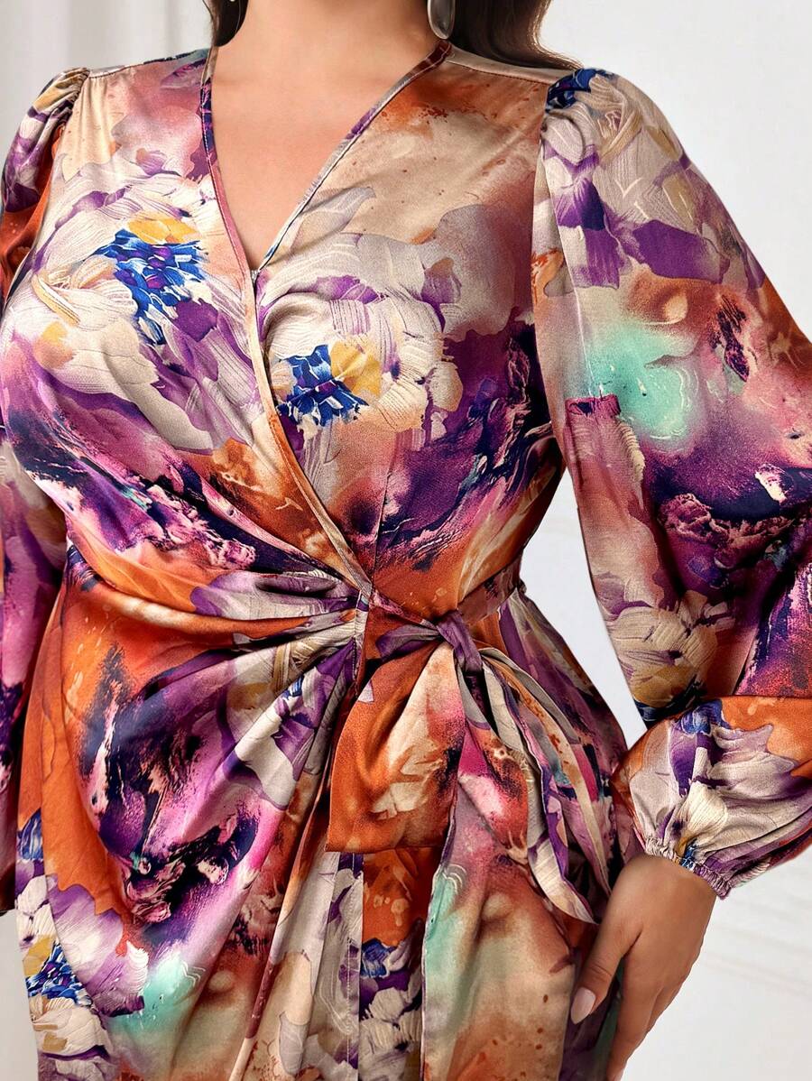 Modelyn 大码 V 领长袖全身印花腰带修身优雅迷人连衣裙长款晚礼服 - 橘色 - 查看 1