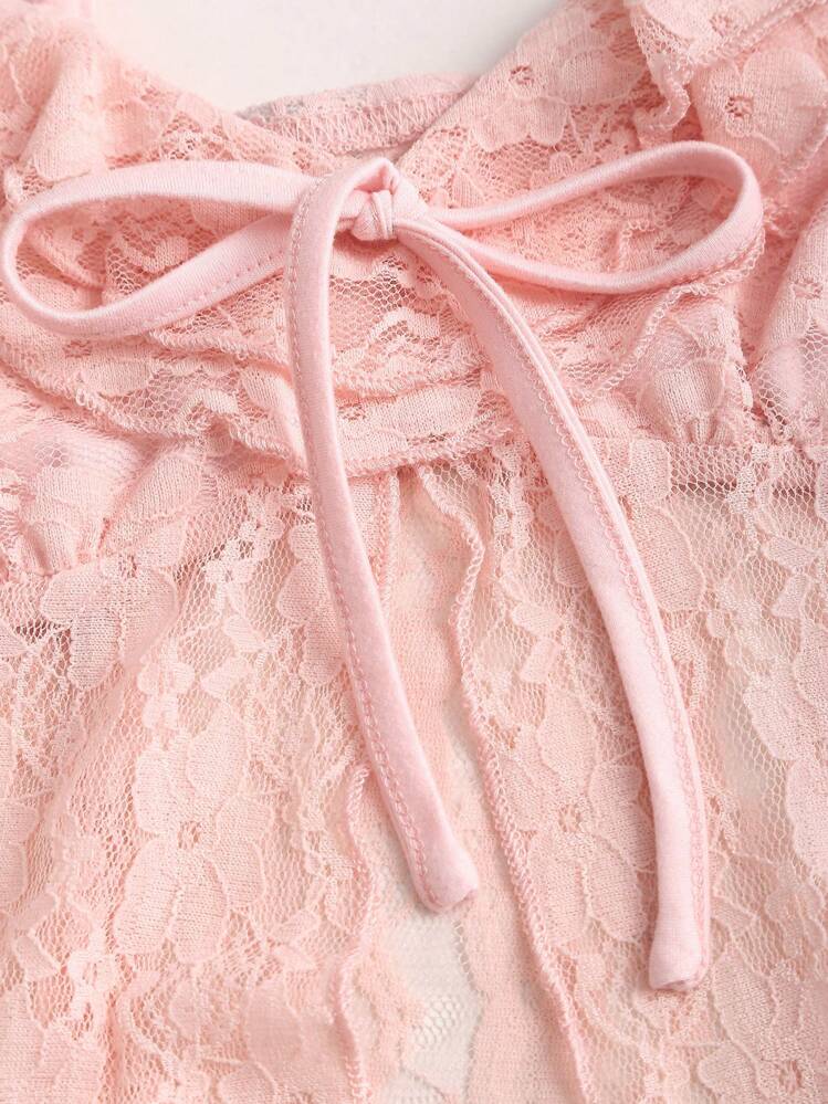 Sweetra Women's Lace Camisole Tank Top, Pink See-Through Spaghetti Strap Sleeveless Tie Front Fitted Crop Top, Fashionable For Summer Party, Valentine's Day Date - Pink - View 5