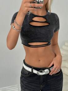 SHEIN EZwear 女士纯色圆领短袖破洞 T 恤 - 灰色 - 查看 4