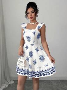 Elenzga Vestido corto casual para vacaciones y trabajo con mangas con volantes, diseño de nudo a la espalda y estampado en la cintura - Azul - Ver 3