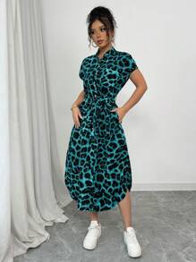 Rafferiza 女士休闲度假旅行豹纹前扣衬衫腰带蝴蝶结口袋侧开衩2025夏季新款短袖长裙