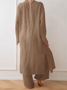 SHEIN Swim Chicsea Women's Solid Color Long Sleeve Long Loose Kimono Style Cover Up For Summer Beach Vacation - Brown - View 2