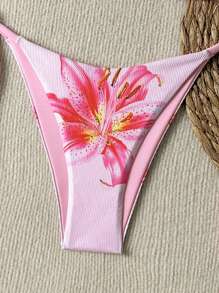 SHEIN 2pcs/Set Summer Vacation Floral Random Print Halter Top And Drawstring Side Bikini Swimsuit, Beach Holiday - Pink - View 5