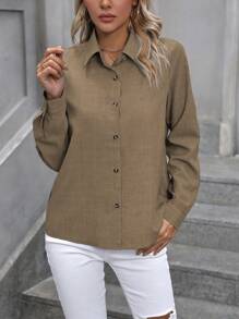 EMERY ROSE Women's Solid Color Front Button Casual Long Sleeve Shirt, Spring/Summer Fall Cloth For Women - Khaki - View 4