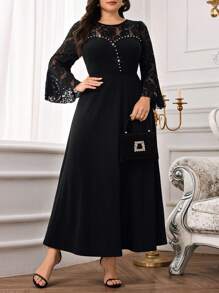 Modelyn Elegant Plus Size Black Lace Dress With Pearl And Rhinestone Details, Long Flared Hem, And Wrist-Length Sleeves - Black - View 3