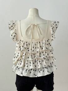 Flirla Plus Size Adorable Butterfly Print Cap Sleeve Blouse - Apricot - View 2