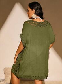 Swim Basics Plus Size Women Loose Knitted Solid Color Beach Cover Up For Summer Beach Vacation - Army Green - View 2