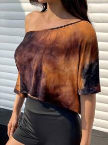 SHEIN EZwear 女士扎染超大不对称下摆短款 T 恤