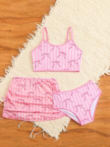 Tween Girl 3pcs/Set Bow & Stripe Swimsuit Set - Pink - View 5