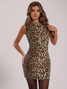 SHEIN BAE 纯色豹纹亮片装饰无袖简约优雅性感迷你连衣裙，适合情人节、派对、浪漫约会、豹纹连衣裙、音乐节、度假 - 卡其色 - 查看 4