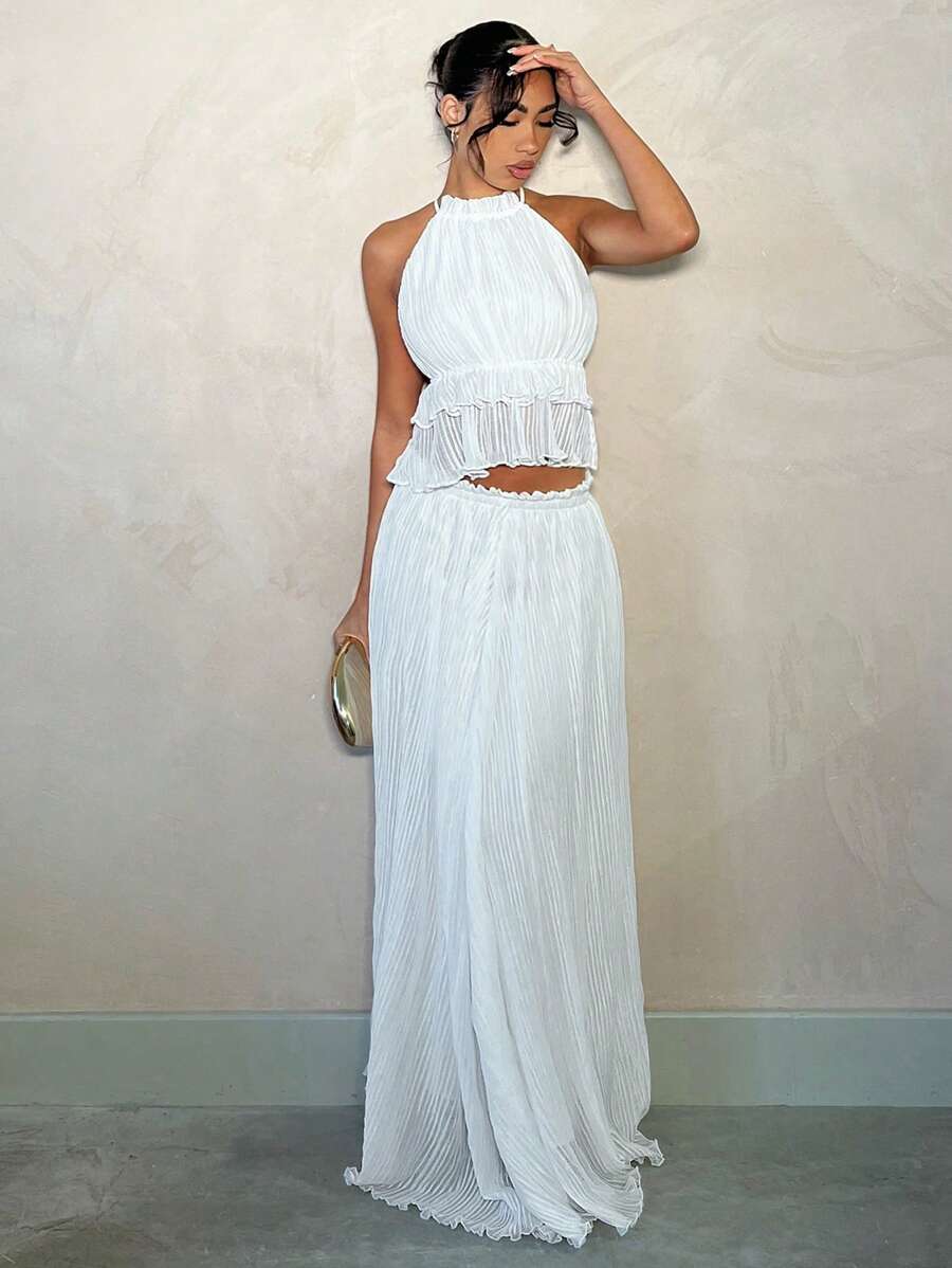 SHEIN BAE 夏季海滩度假优雅百褶裙，适合日常约会、夜间外出、夜总会、派对、聚会、鸡尾酒会、泳池派对、度假裙装女士白色不对称褶皱裙，高开衩，低腰，非常适合夏季浪漫的海滩度假和约会 - 白色 - 查看 1