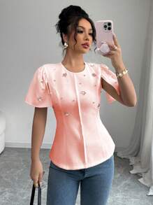 Elenzga Camisa de mujer con cuello redondo, ajustada, de manga corta y de un solo color, con detalles de cristales rhinestone - Rosa - Ver 3