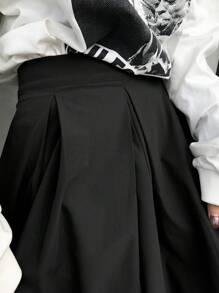 FRIFUL Women's Khaki High Waist Pleat Design Skirt - Black - View 6