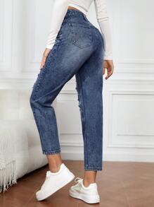 EMERY ROSE Women's Pocketed Distressed Tapered Casual Versatile Denim Jeans Women Jeans High Waisted - Dark Wash - View 2