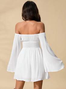SHEIN PETITE Vestido romántico con hombros descubiertos, mangas acampanadas y cintura - Blanco - Ver 2