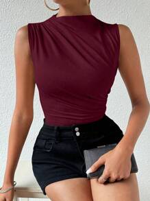 VaVaBold Women's Solid Color Casual Ruched Sleeveless Bodysuit - Burgundy - View 6