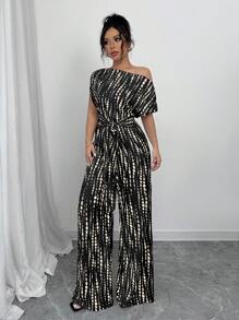 Elenzga 女士扎染印花不对称领口蝙蝠袖连体裤，时尚休闲，适合约会、工作、度假、假日、波西米亚风格、夏季