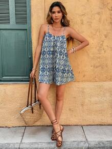 SHEIN VCAY Women's Summer Outfits For Women Boho Jumpsuit Woven Printed Spaghetti Strap Off Shoulder Jumpsuit, Suitable For Spring/Summer Vacation Spring & Summer Vacation Summer Outfits For Women Easter Jumpsuit Women Beach Outfits For Woman Vacation Outfits Woman Rompers For Women Vacation Outfits Women