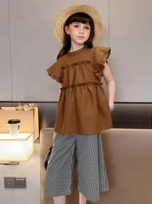 SHEIN 2pcs/Set Tween Girl Cap Sleeve Shirt & Plaid Pants Set,