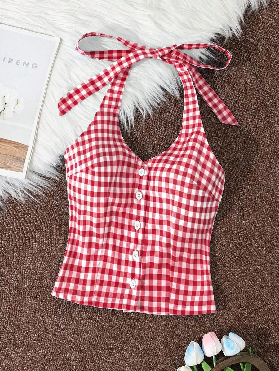 Sweetra Plaid Spaghetti Strap Bow Backless Camisole Tank Top For Women, Sexy Open Back Sleeveless Top