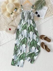 SHEIN Tween Girls' Botanical Print Jumpsuit, Sleeveless For Summer,Holiday,Summer,Travel, School, Campus, College - Green - View 2