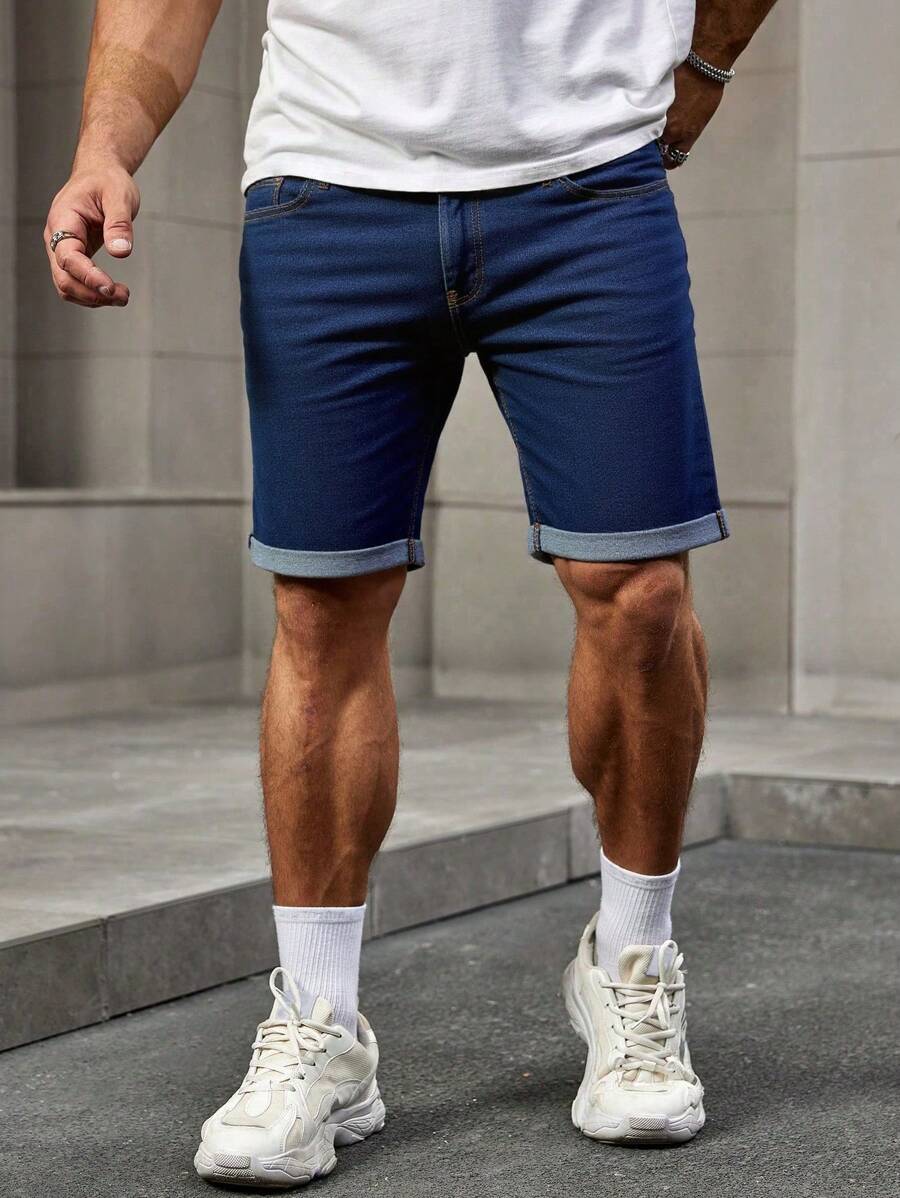 Manfinity Homme 男士休闲水洗牛仔短裤,带口袋和卷边,百搭 - 深色水洗藍 - 查看 1