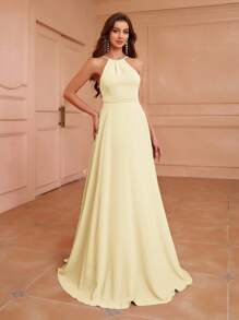 Aureia 挂脖领、低背、褶皱腰、 A 字形轮廓、不对称荷叶边后背伴娘礼服（成人） - 黃色 - 查看 2