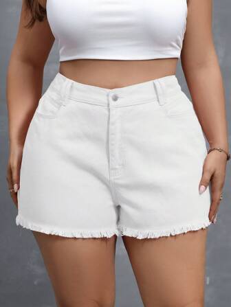 SHEIN Essnce Plus Size Summer Solid Color Frayed Pocket Denim Shorts