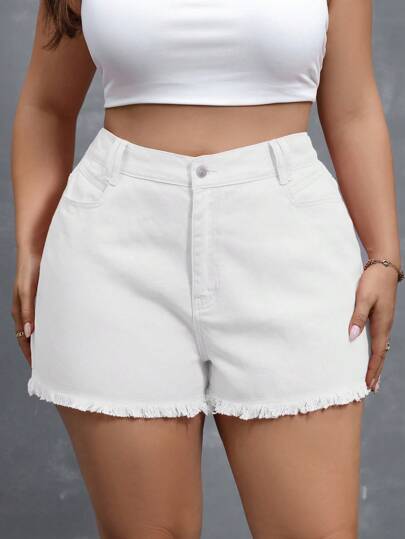 SHEIN Essnce Plus Size Summer Solid Color Frayed Pocket Denim Shorts