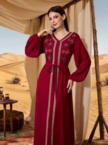 Al Najma Conservative Casual Ribbon Embroidered Arabian Dress, Women's Extra Long Dress,Modest - Red - View 4