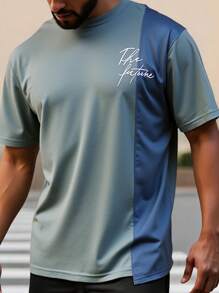 Father & Son Set Dusty Blue Summer Casual City Break Family Matching Crew Neck Short Sleeve T-Shirt,Embroidered Letter Splice Asymmetrical Chic Tee - Multicolor - View 1