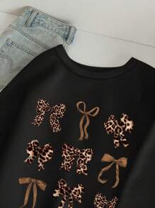 Attitoon Sudadera holgada de cuello redondo con estampado de lazo de leopardo en estilo retro americano minimalista casual, adecuada para otoño/invierno