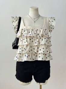 Flirla Plus Size Adorable Butterfly Print Cap Sleeve Blouse - Apricot - View 1