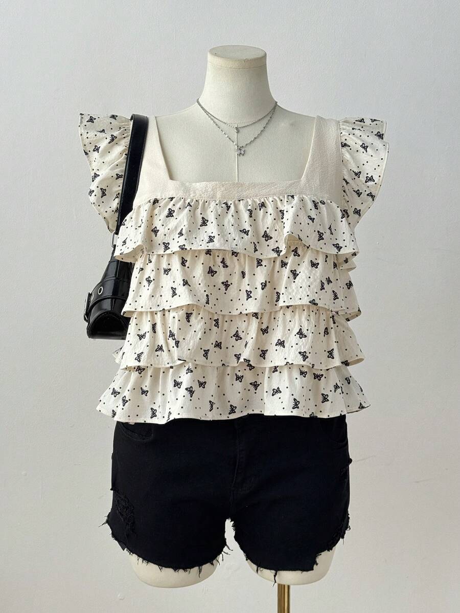 Flirla Plus Size Adorable Butterfly Print Cap Sleeve Blouse - Apricot - View 1