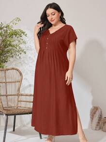 Mulvari Plus Size Casual Solid Color Side Slit Arabian Style Dress - Brown - View 5