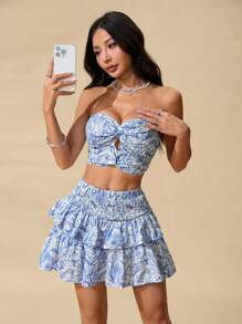 SHEIN PETITE 2pcs/Set Women's Floral Print Bralet And Short Skirt Set, Fashionable Holiday Outfit