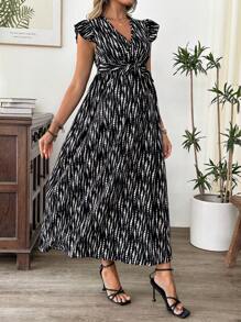 SHEIN Maternity Cap Sleeve Black Striped Deep V-Neck Ruffle Cuff Maxi Dress - Black - View 4