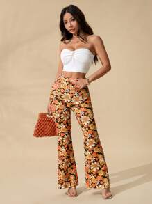 SHEIN PETITE 女士花卉印花高弹针织紧身喇叭裤，适合度假和夏季