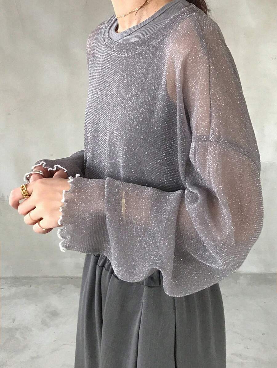 FRIFUL 女式宽松蓝色圆领网眼罩层透明衬衫，春夏长袖女式上衣