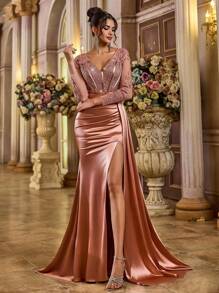 Aureia 优雅奢华的 V 领长袖蕾丝亮片刺绣紧身鱼尾长裙，带透明面板，弹力绉布面料，适合婚礼、派对、鸡尾酒会、节日、庆典活动、婚礼宾客礼服、正式礼服、晚礼服、礼服