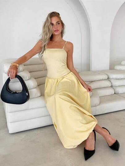 Roylia Women's Solid Color Ruffle Hem Slip Yellow Dress